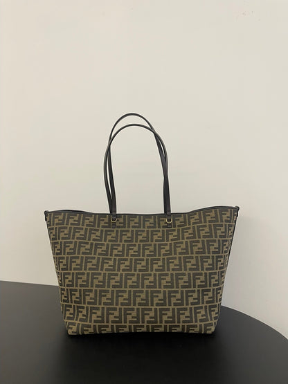 Fendi Roll Large FF Jacquard and Striped Pequin Fabric Shopper