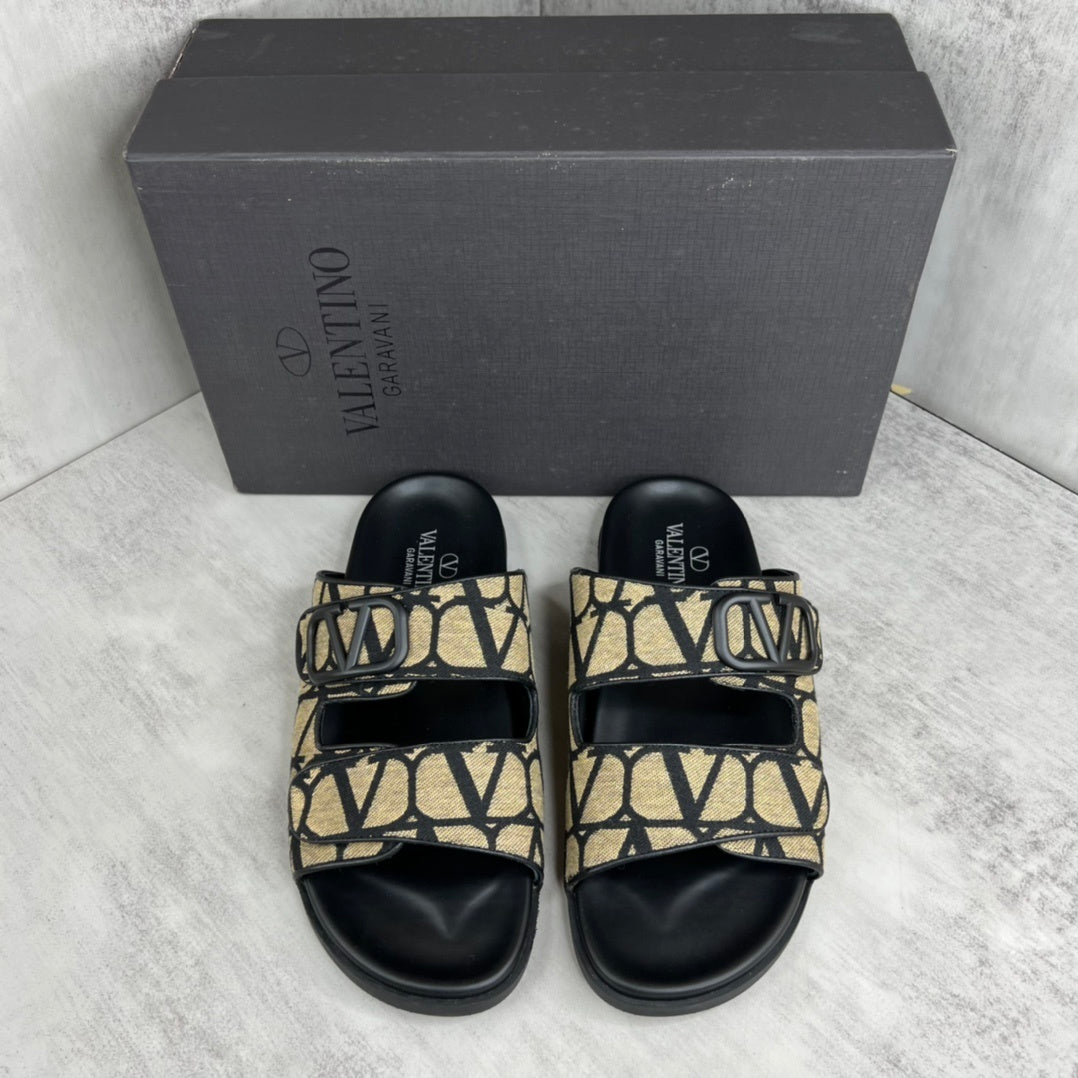 Valentino Garavani VLogo Toile Iconographe Double-Strap Sandals "Beige-Black"