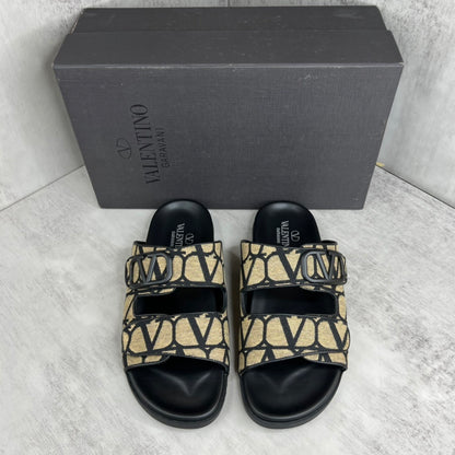 Valentino Garavani VLogo Toile Iconographe Double-Strap Sandals "Beige-Black"