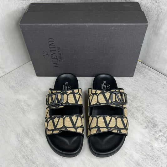 Valentino Garavani VLogo Toile Iconographe Double-Strap Sandals "Beige-Black"
