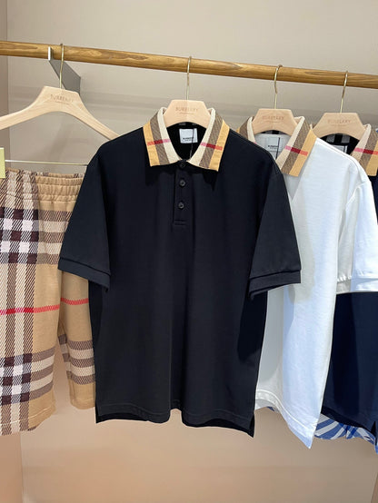 Burberry Check Collar Cotton Polo Shirt "Black"