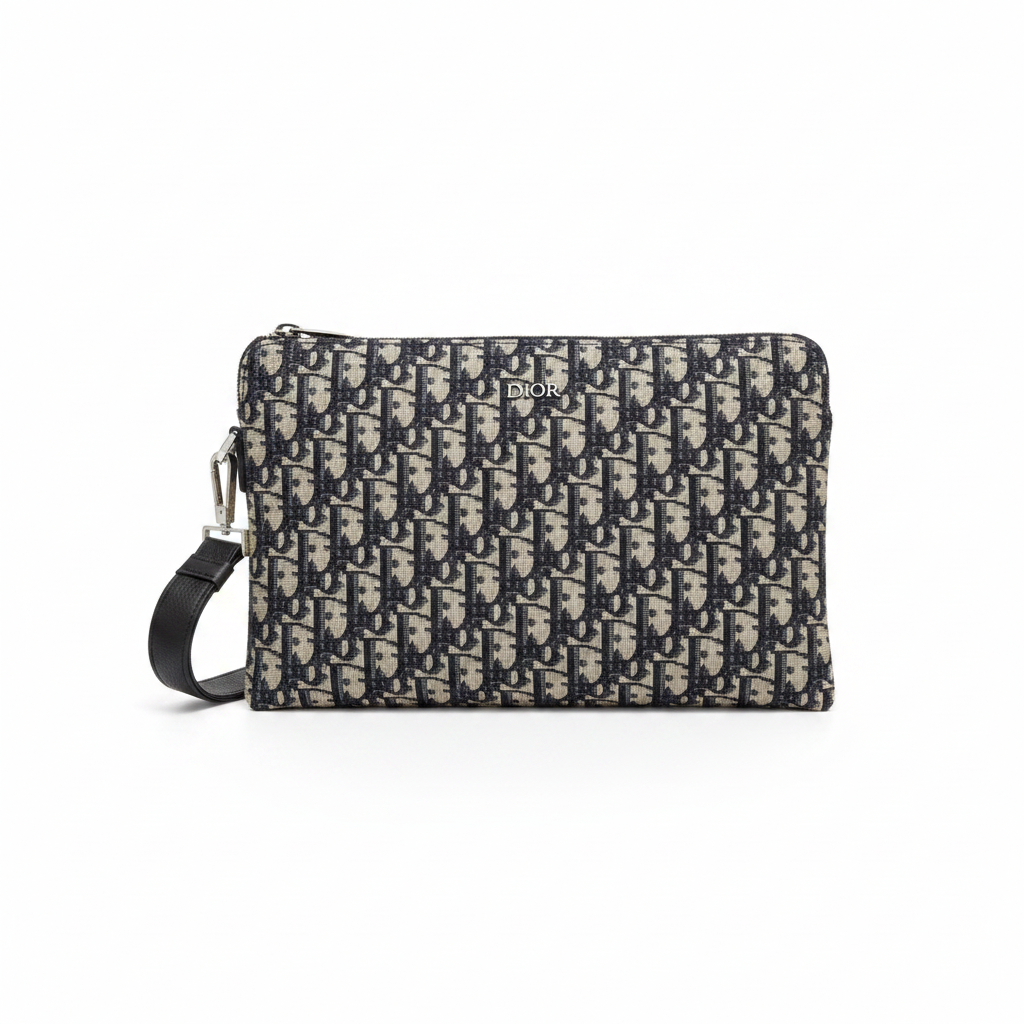 Dior A4 Zipped Pouch "Beige and Black Dior Oblique Jacquard"