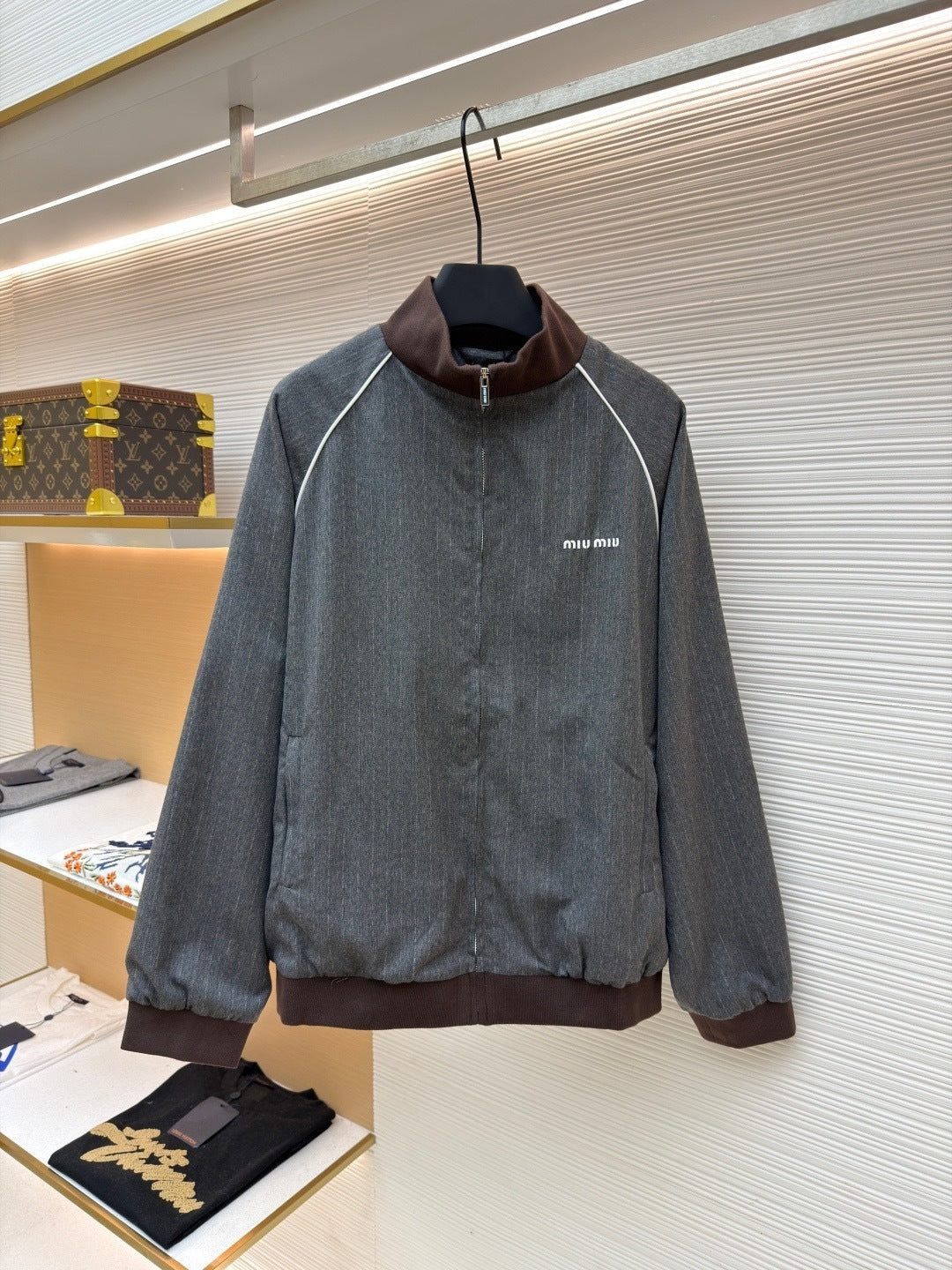 Miu Miu Pinstriped Zip-up Blouson Jacket "Grey"