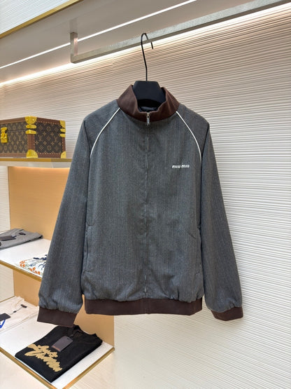 Miu Miu Pinstriped Zip-up Blouson Jacket "Grey"
