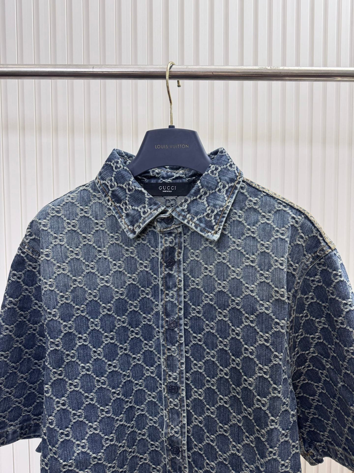 Gucci GG Cotton Denim Jacquard Short-Sleeve Shirt