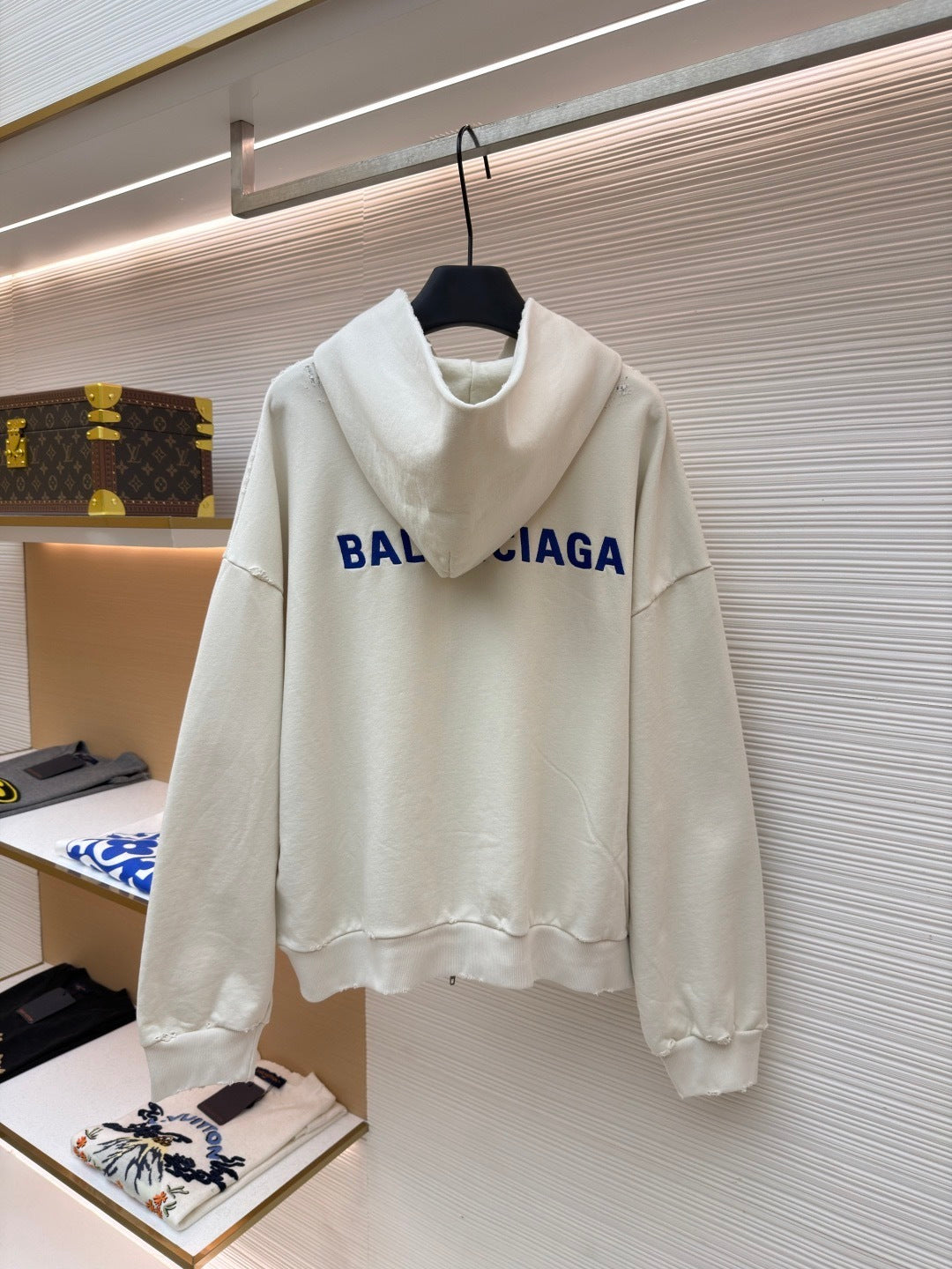Balenciaga Logo Embroidered Distressed Zip-up Hoodie "White-Blue"