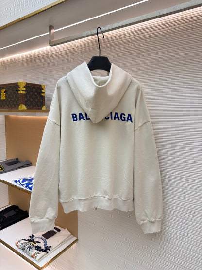 Balenciaga Logo Embroidered Distressed Zip-up Hoodie "White-Blue"