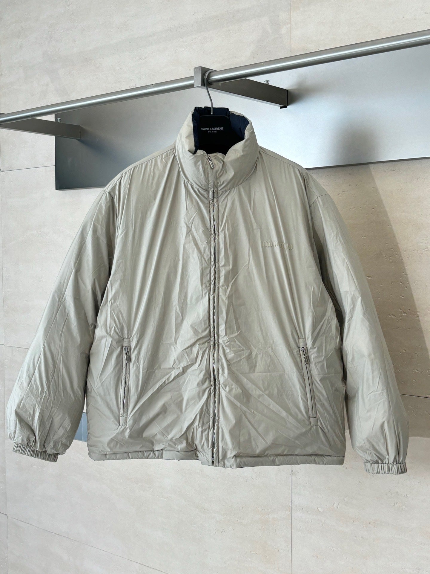 Miu Miu Reversible Technical Pongé Down Jacket "Beige/Blue"