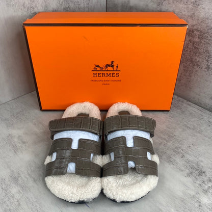 Hermes Chypre Sandals "Taupe Crocodile Pattern"