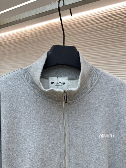 Miu Miu Cotton Fleece Zip-up Sweatshirt "Grey"