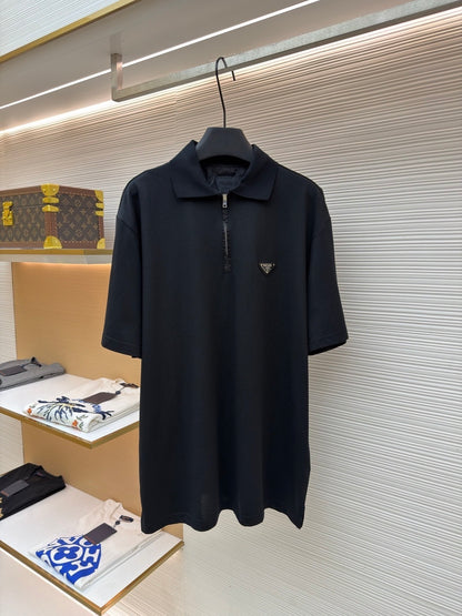Prada Piqué Polo T-Shirt with Re-Nylon Details "Black"