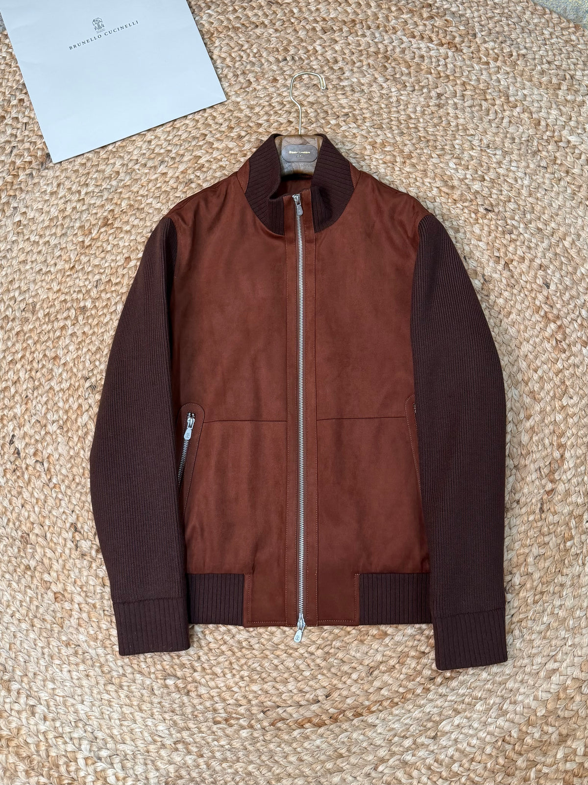 Brunello Cucinelli Suede and Wool Knit Bomber Jacket "Cognac"