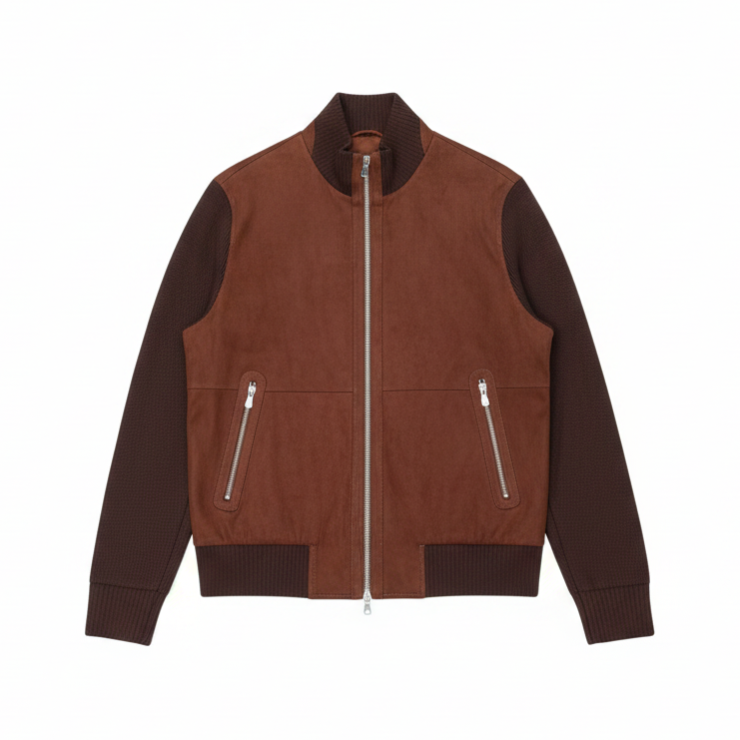 Brunello Cucinelli Suede and Wool Knit Bomber Jacket "Cognac"