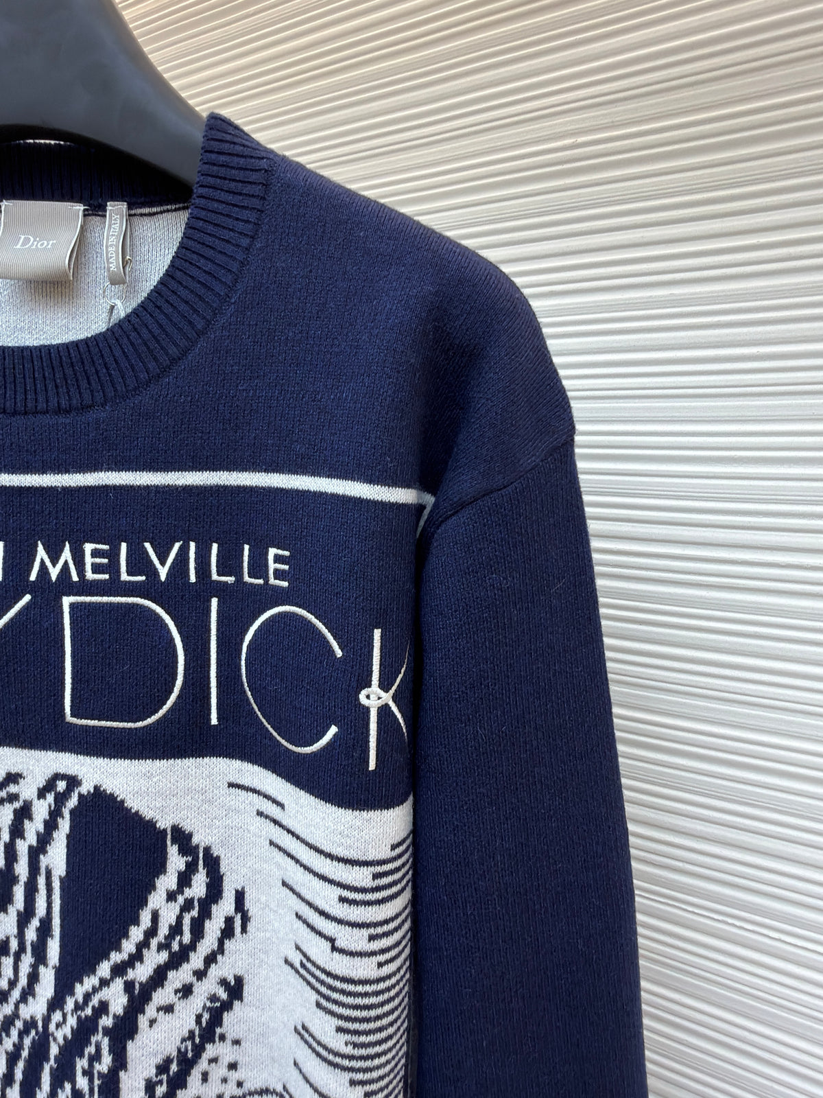 Dior Sweater with Book Cover Embroidery and Intarsia "Navy Blue Wool-Cotton-Alpaca-Blend Intarsia"