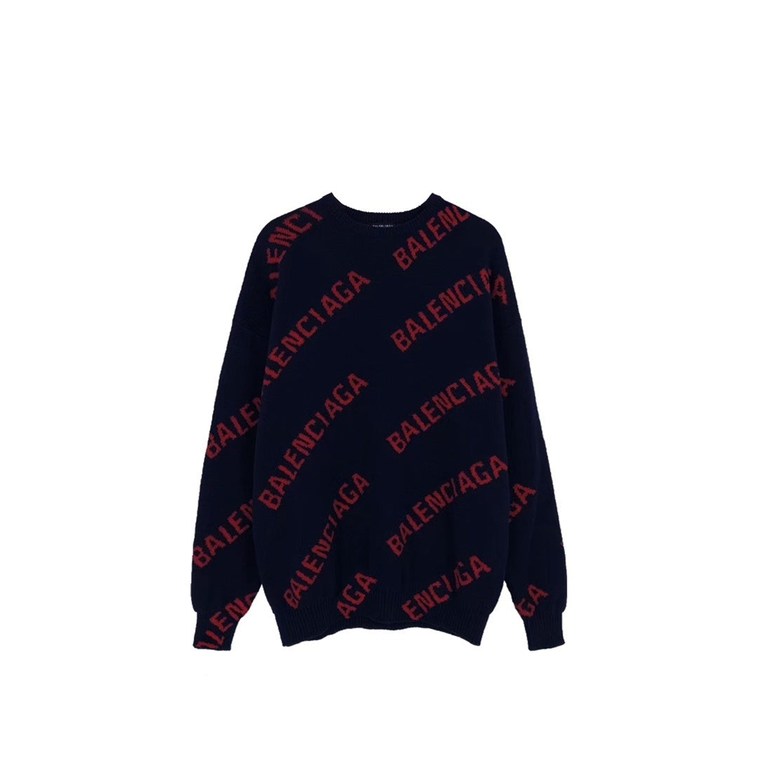 Balenciaga All-Over Logo Sweater "Navy Blue-Red"