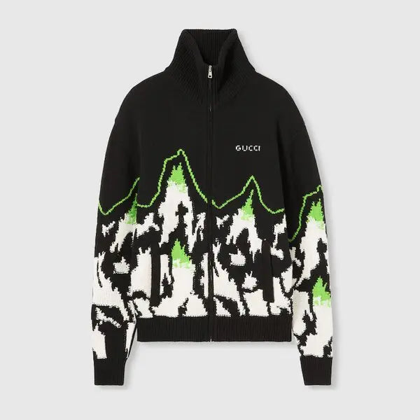 Gucci Wool Jacquard Zip Jacket with Intarsia "Black-Multicolour"
