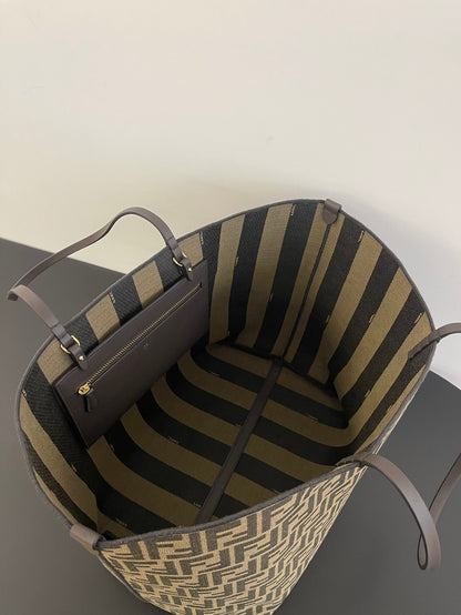 Fendi Roll Large FF Jacquard and Striped Pequin Fabric Shopper