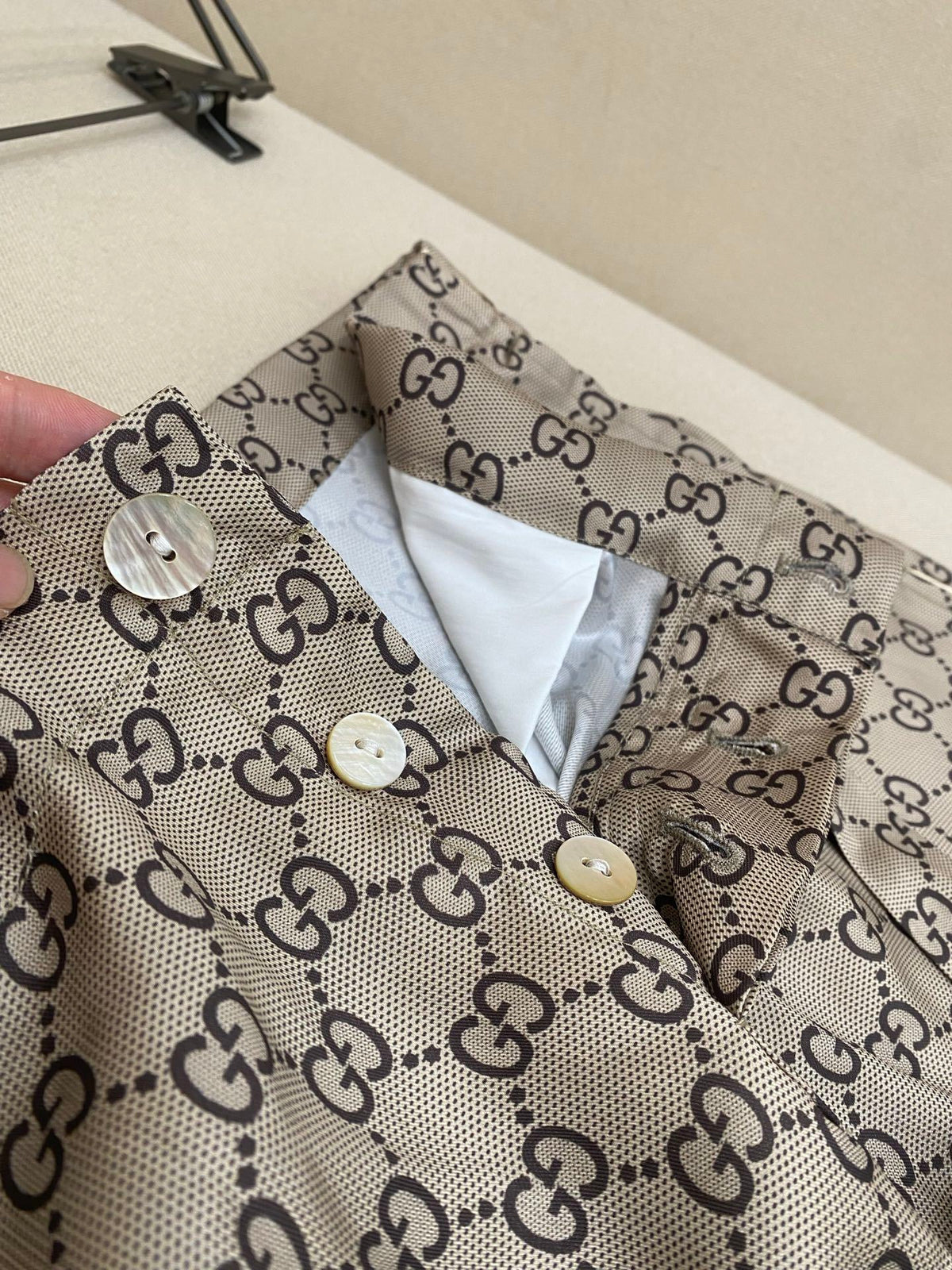 Gucci GG Supreme Print Silk Trousers "Beige"