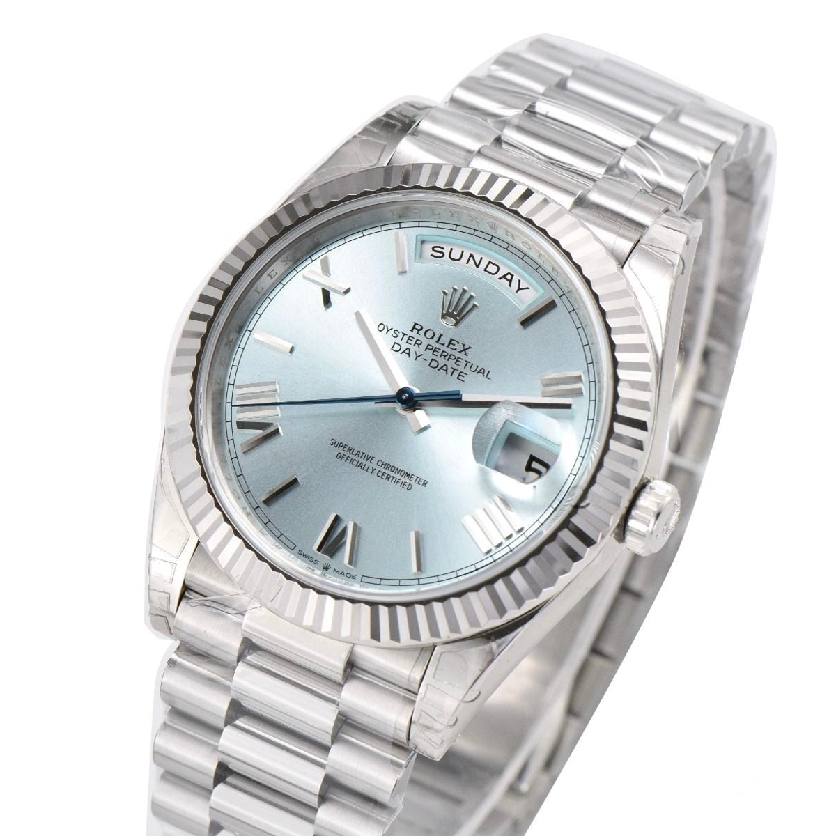 Rolex Day Date 40mm on President Bracelet Ice Blue Roman Dial