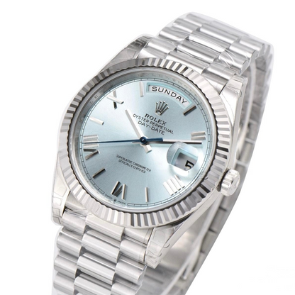 Rolex Day Date 40mm on President Bracelet Ice Blue Roman Dial