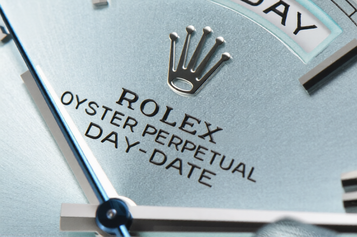 Rolex Day Date 40mm on President Bracelet Ice Blue Roman Dial