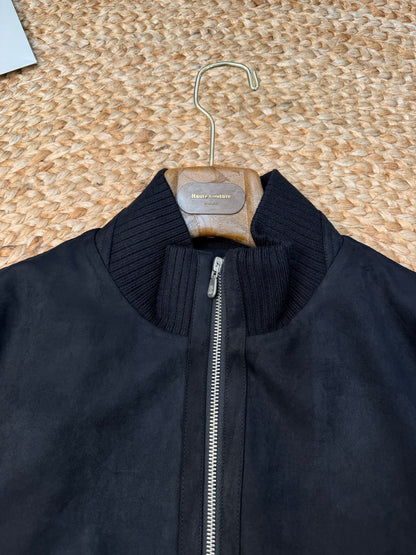 Brunello Cucinelli Suede and Wool Knit Bomber Jacket "Black"