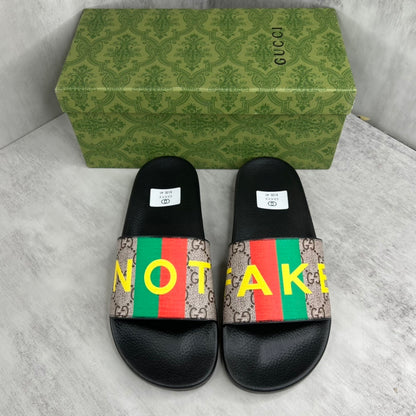 Gucci Not Fake Print Slides "Black-Beige"