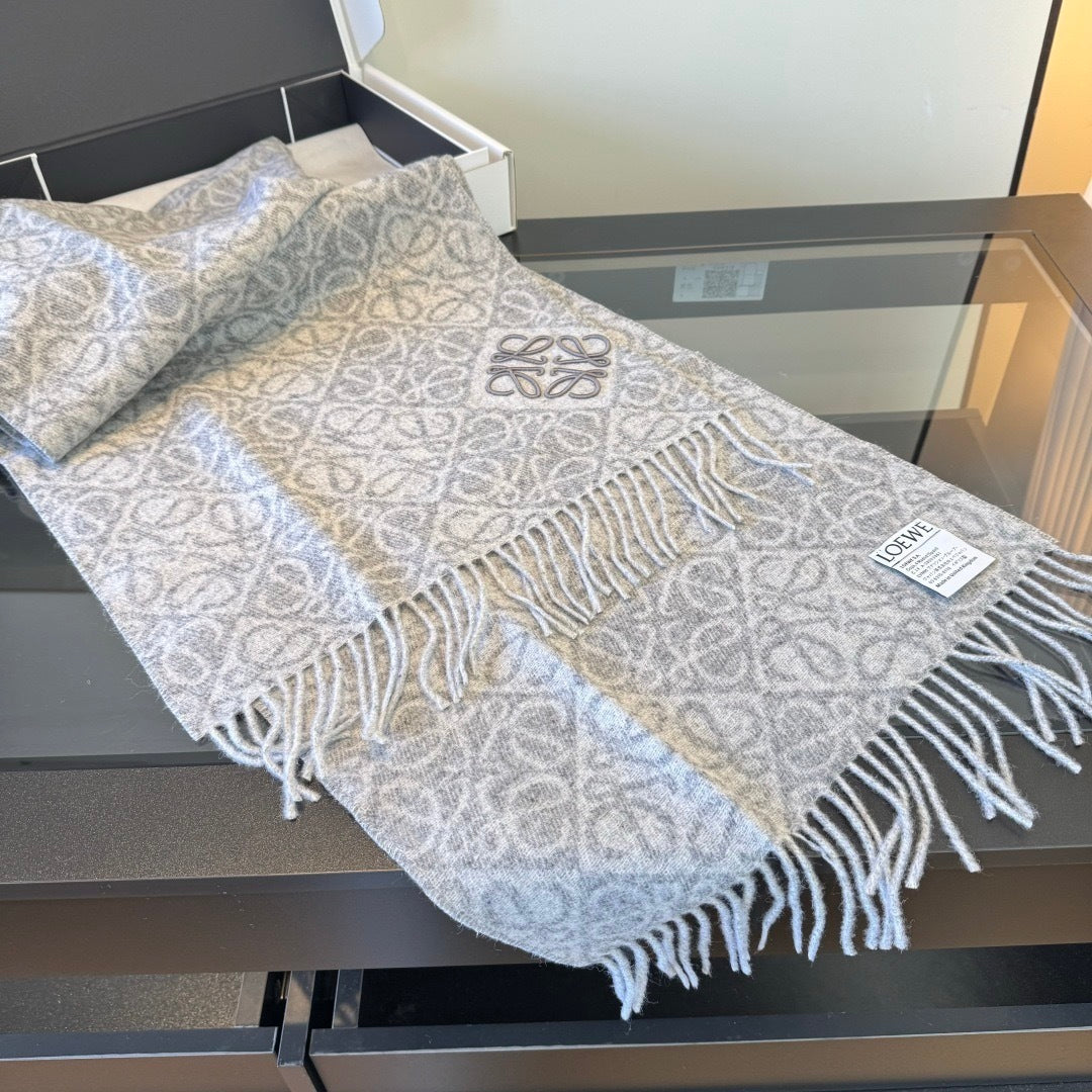 Loewe Anagram Wool and Cashmere Scarf "Grey-White"