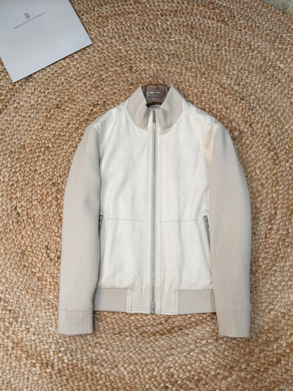 Brunello Cucinelli Suede and Wool Knit Bomber Jacket "Ivory"