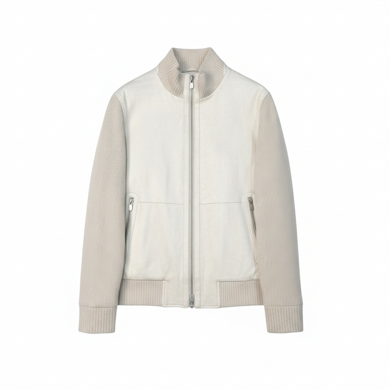 Brunello Cucinelli Suede and Wool Knit Bomber Jacket "Ivory"