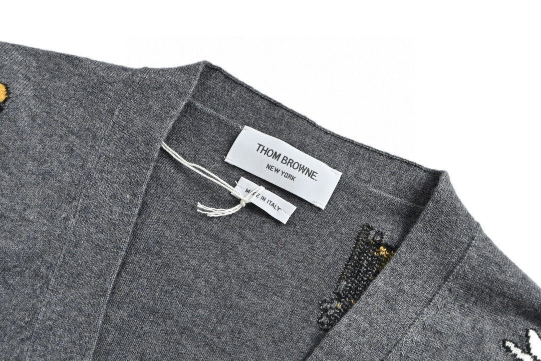 Thom Browne 4-Bar Bees and Birds Cardigan "Grey"