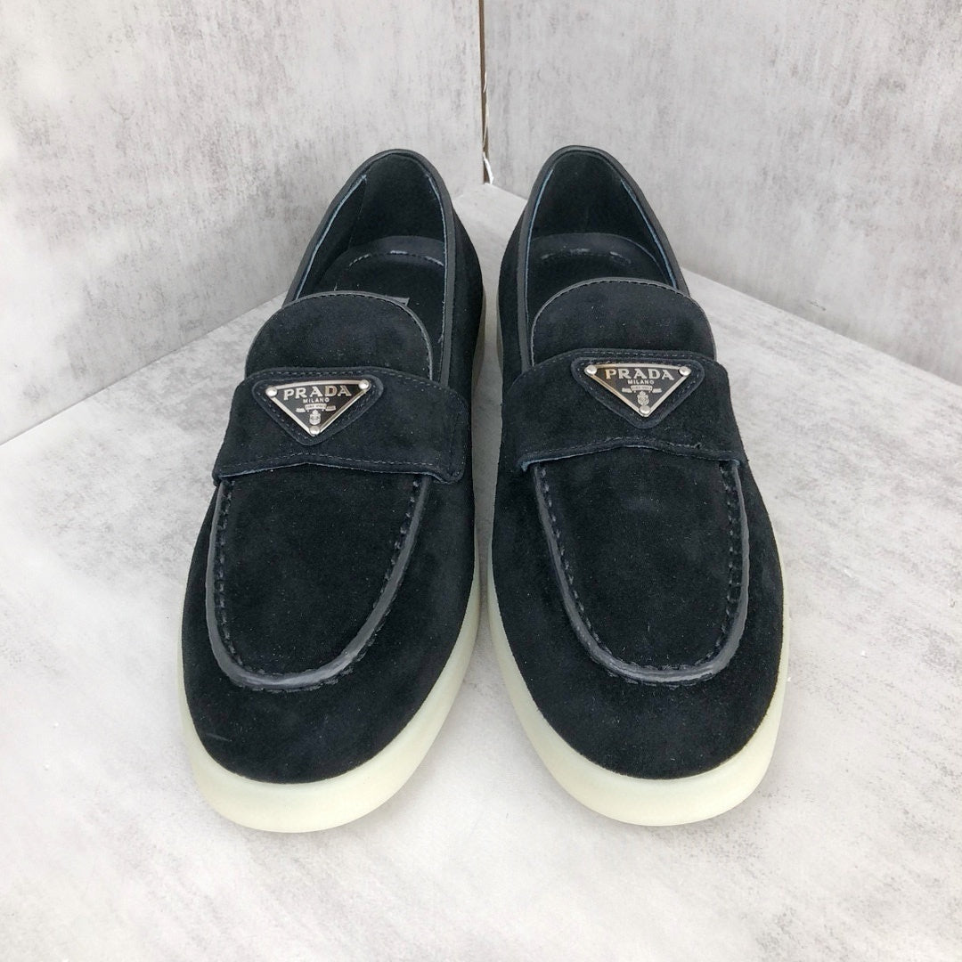 Prada Logo-Plaque Suede Loafers "Black"