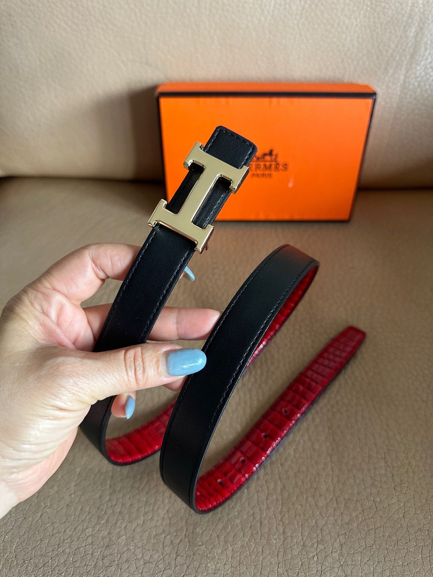 Hermes Constance Belt Buckle & Reversible Leather Strap "Red" and "Black"