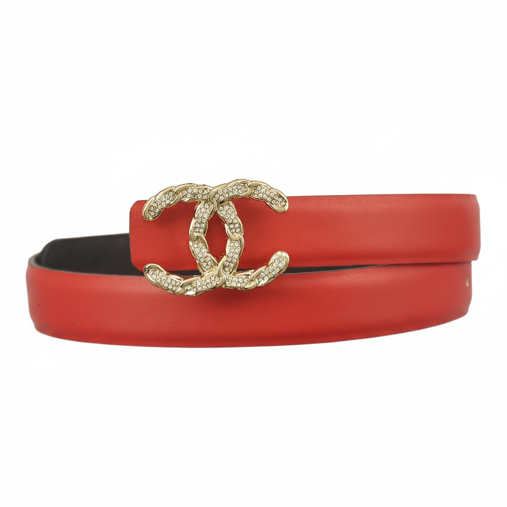 Chanel Crystal CC Leather Belt "Red-Gold"