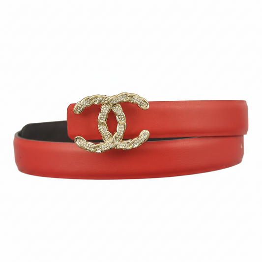 Chanel Crystal CC Leather Belt "Red-Gold"