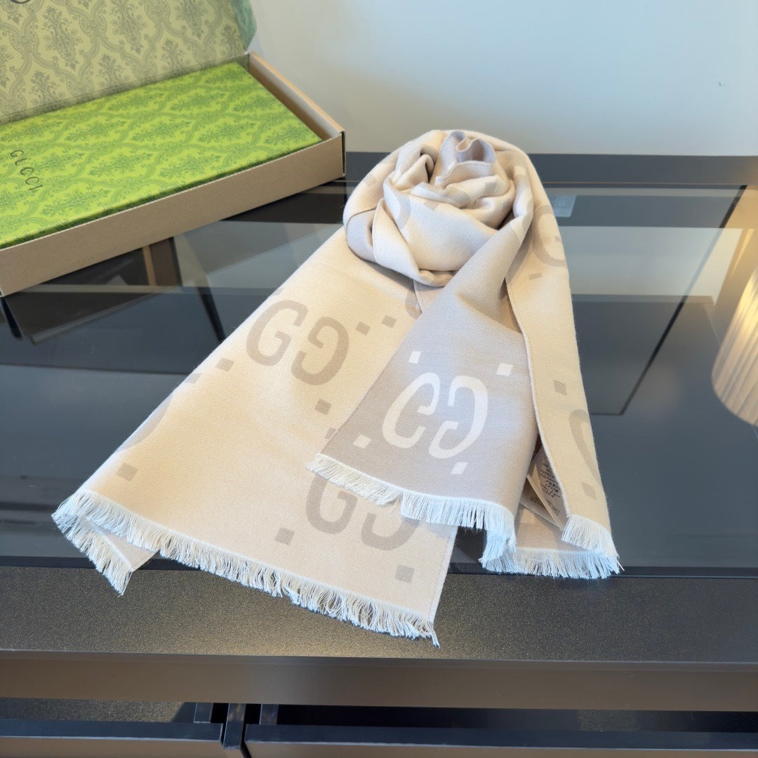Gucci GG Jacuard Wool and Silk Scarf "Cream"