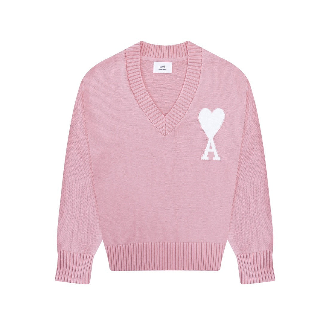 AMI Paris Ami De Coeur Slim-Fit V-Neck Sweater "Pink"