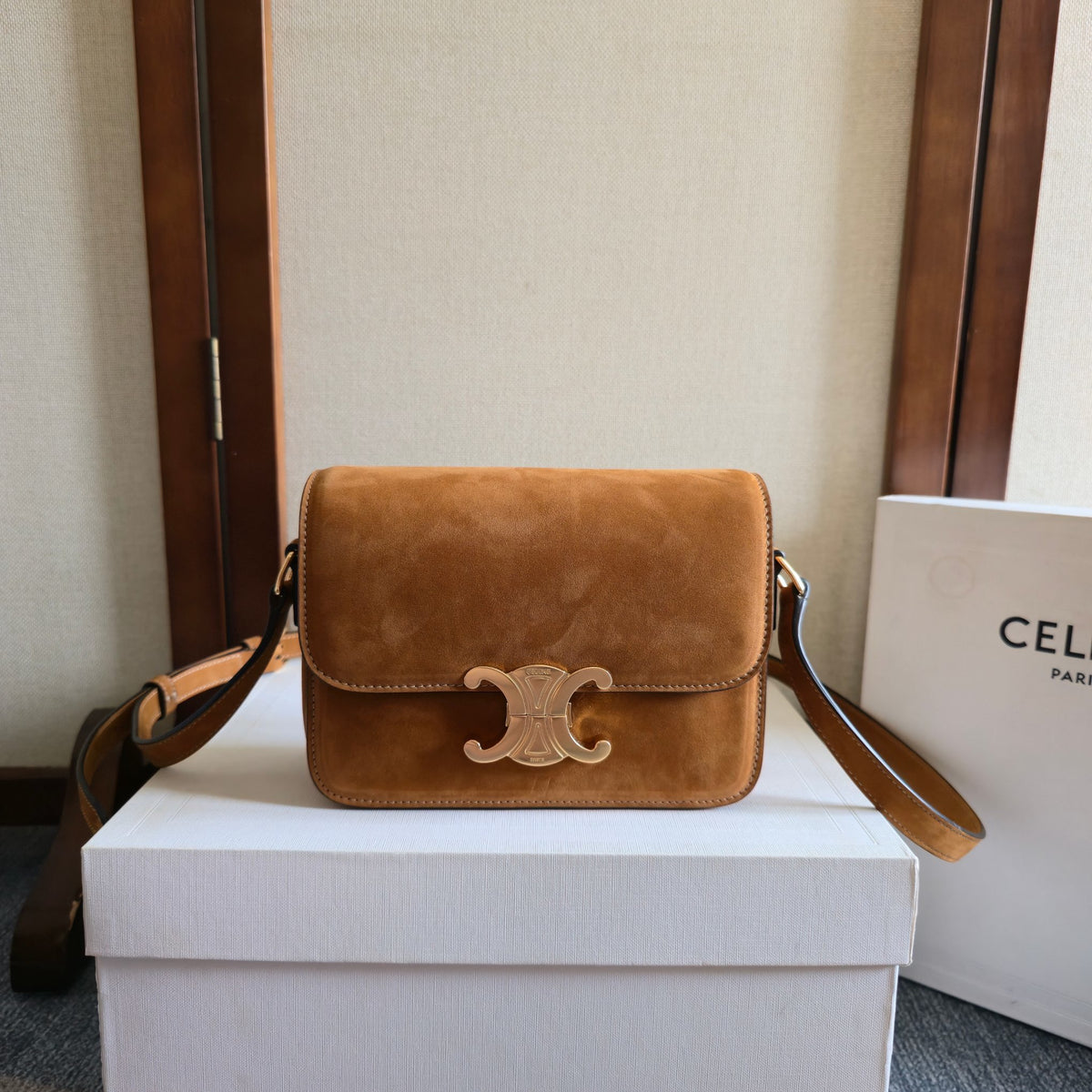 Celine Teen Triomphe Bag in Nubuck Calfskin "Camel"
