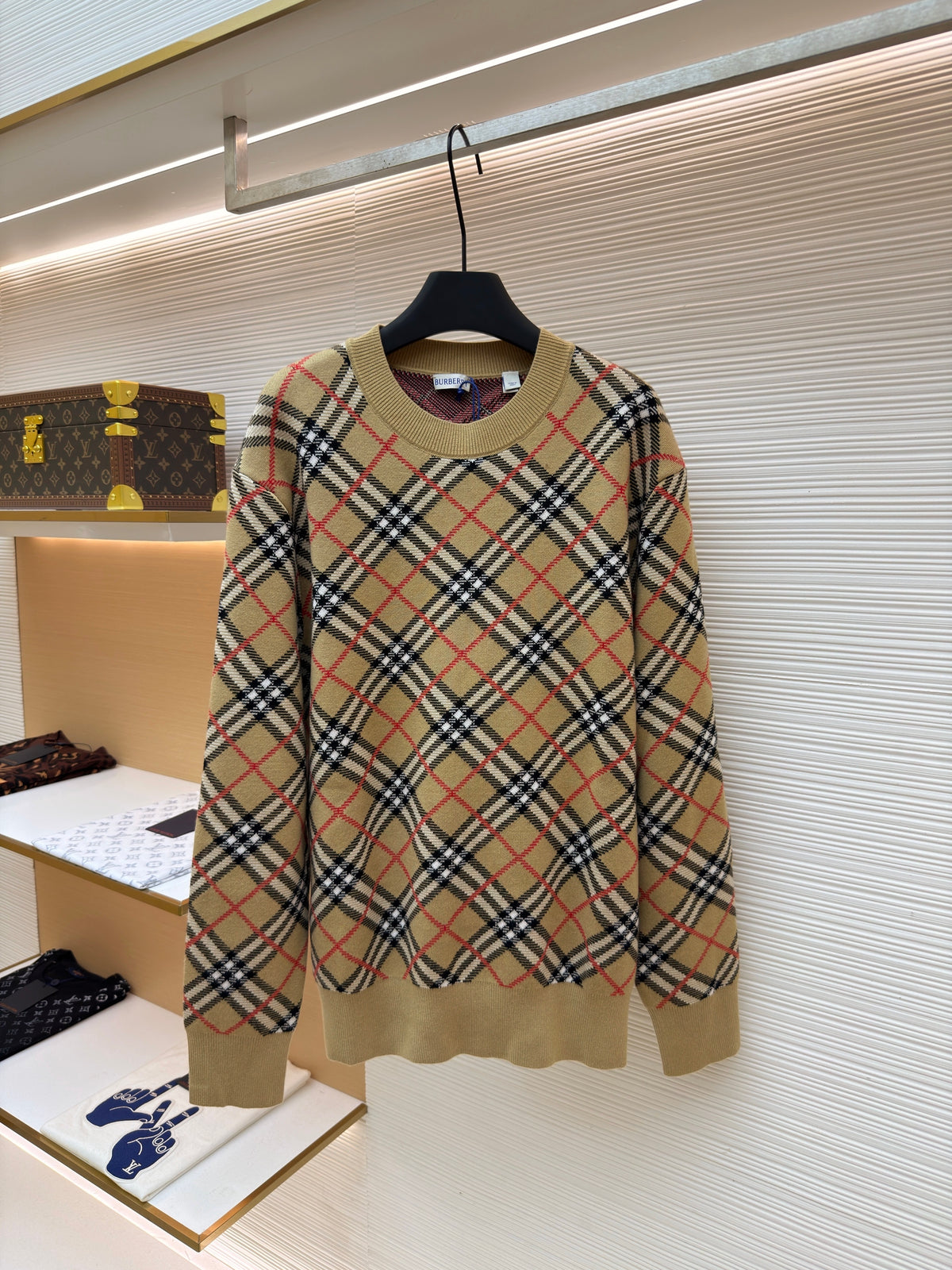 Burberry Check Cotton Wool Sweater "Sand Beige"