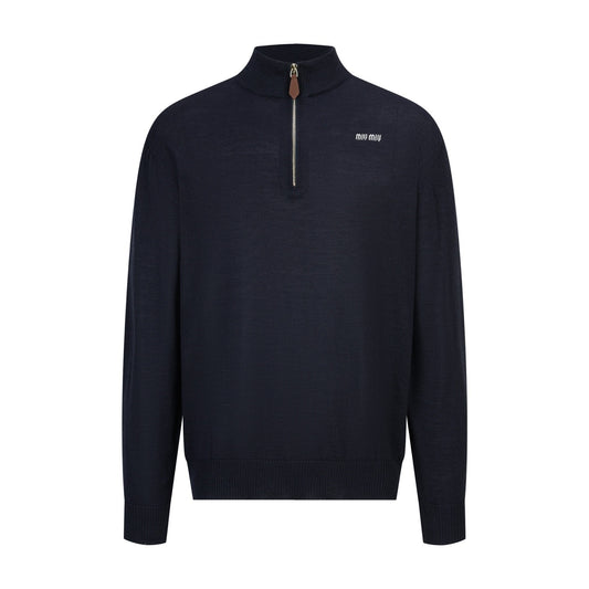 Miu Miu Cashmere and Leather Zip-up Sweater "Navy"
