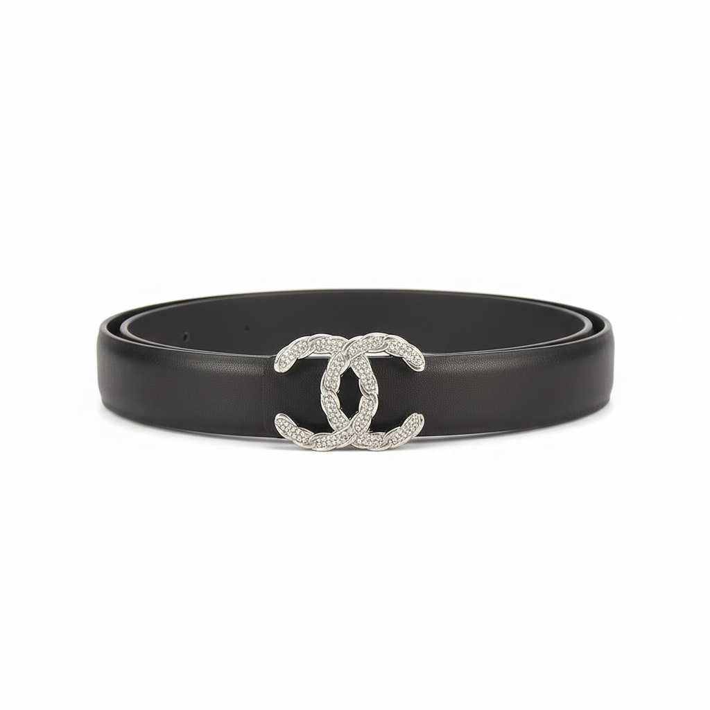 Chanel Crystal CC Leather Belt "Black-Silver"