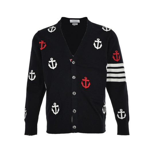 Thom Browne 4-Bar Anchor Print Cardigan "Black"