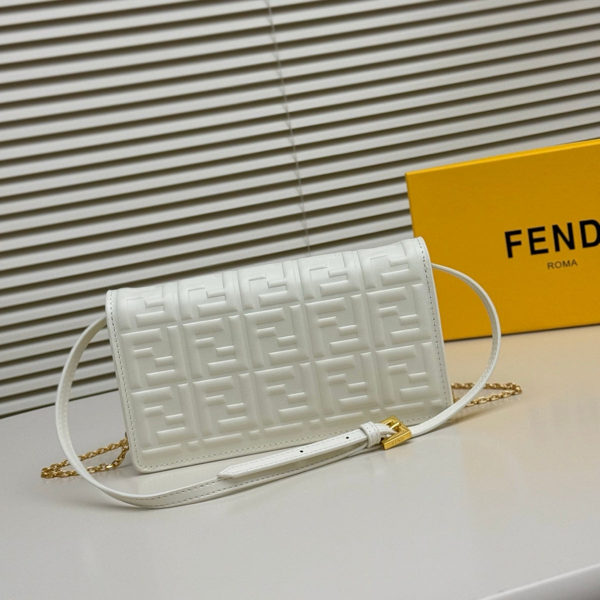 Fendi Tube Wallet On Chain "White Nappa Leather Wallet with FF Motif"