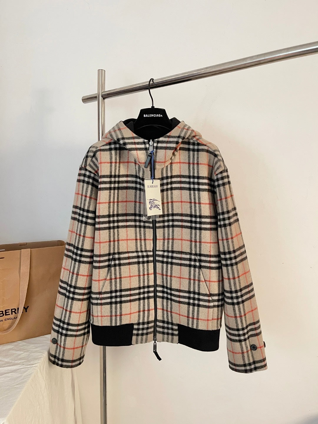 Burberry Reversible Wool Hooded Jacket "Black" and "Beige"