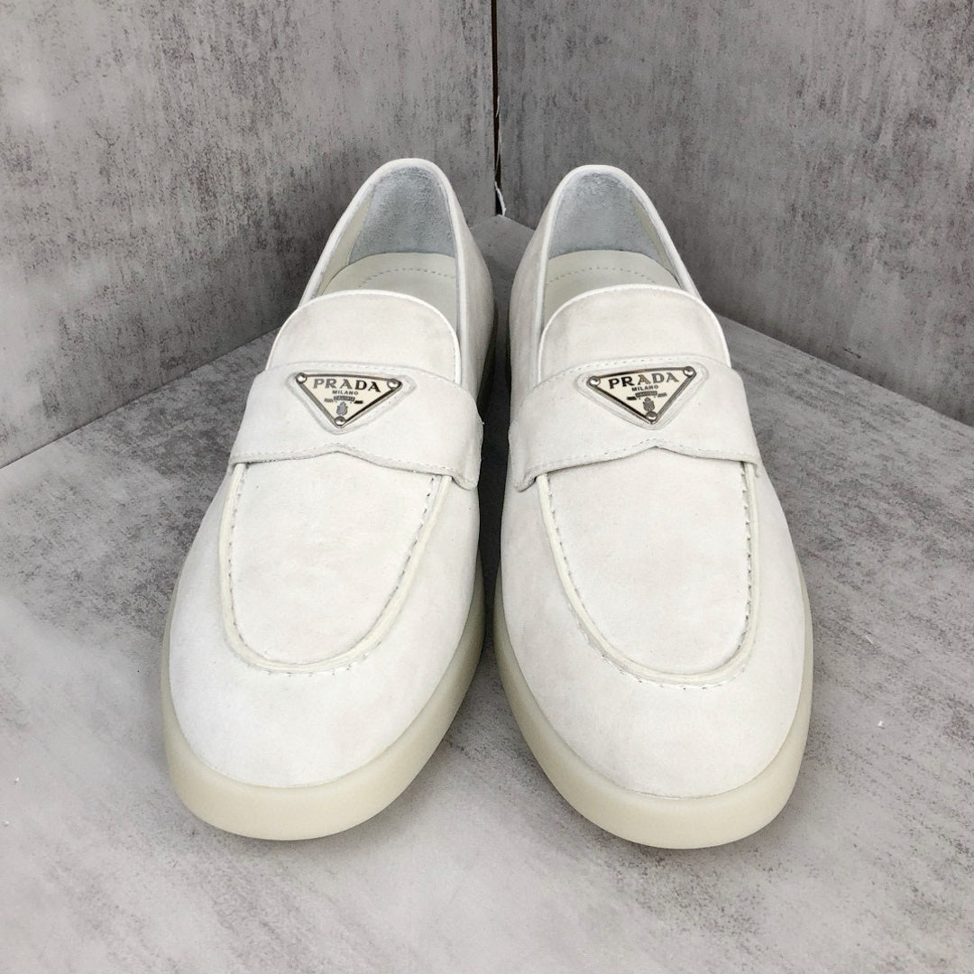 Prada Logo-Plaque Suede Loafers "White"
