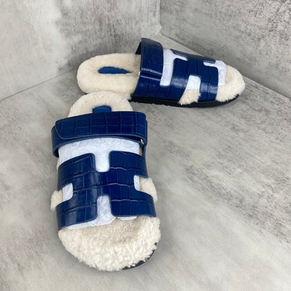 Hermes Chypre Sandals "Blue Crocodile Pattern"