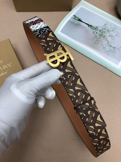 Burberry Monogram 35mm Stripe E-canvas and Leather Belt "Bridle Brown"