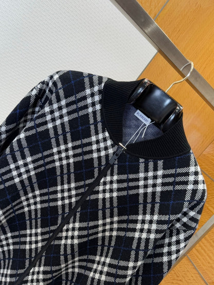 Burberry Check Cotton Wool Bomber Jacket "Ink Blue"