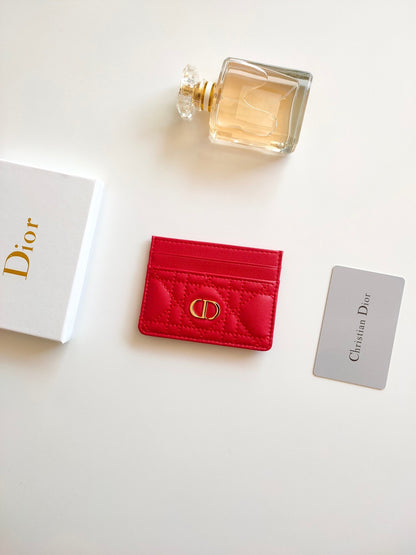 Dior Caro Freesia Card Holder "Red Supple Cannage Calfskin"