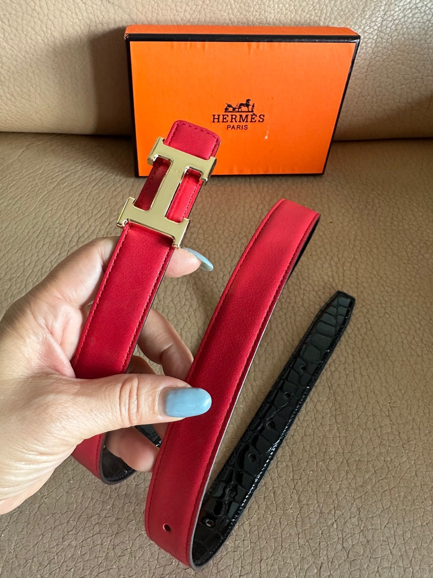 Hermes Constance Belt Buckle & Reversible Leather Strap "Black" and "Red"